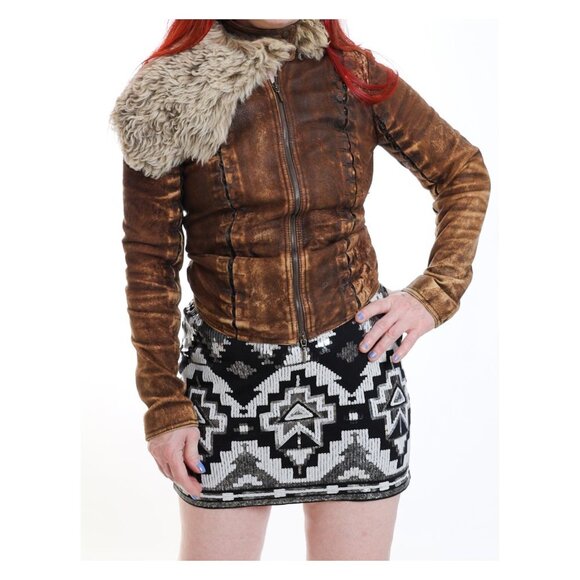 PLEIN SUD Brown Hook & Loop Detail Real Fur Distressed Leather Jacket - Picture 2 of 15